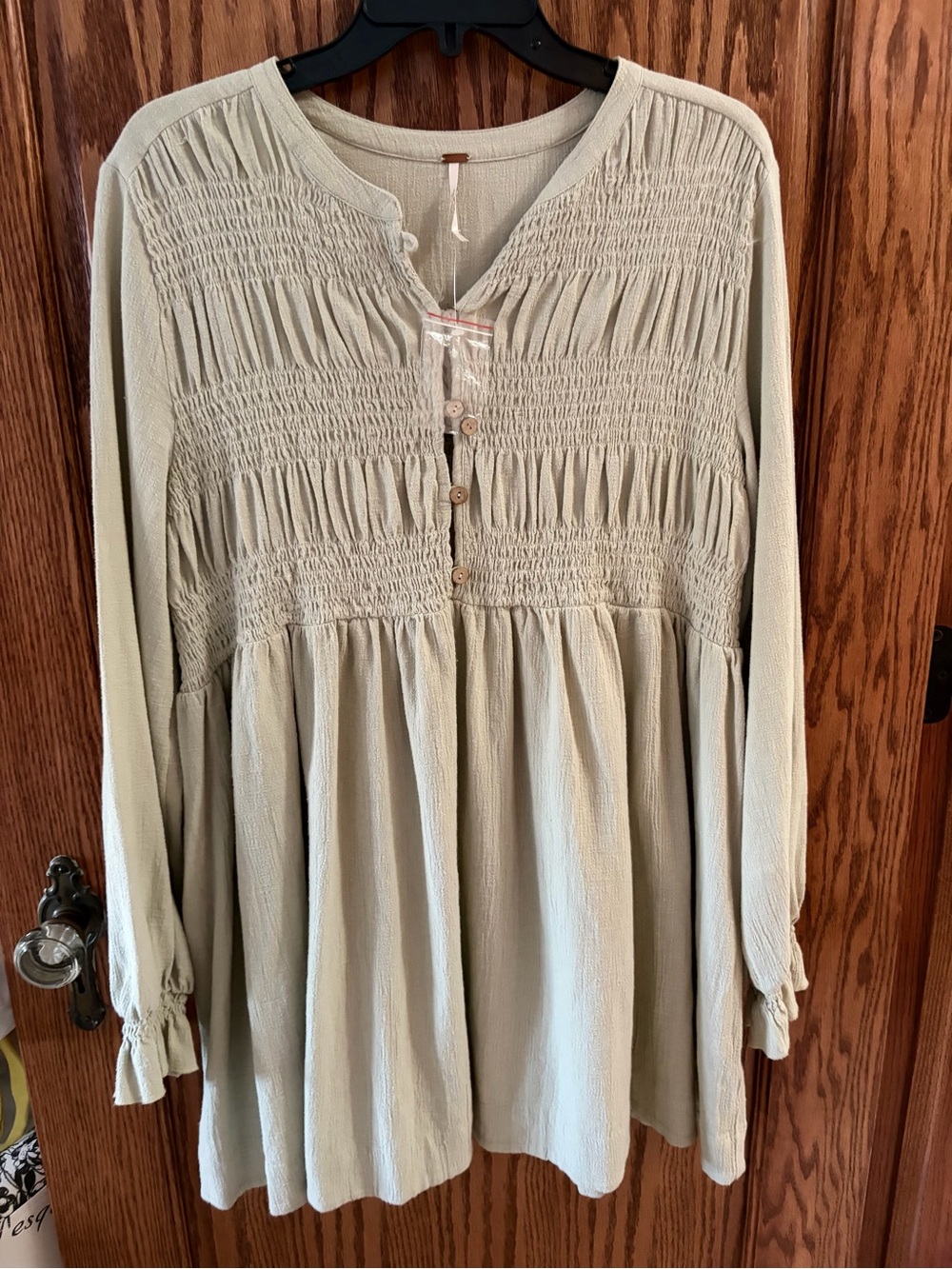 Free People Sage Green Smocked Button-Front Tunic-Biho